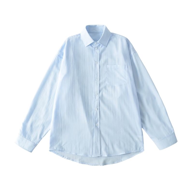 Plain Collared Long-Sleeved Button-Up Shirt