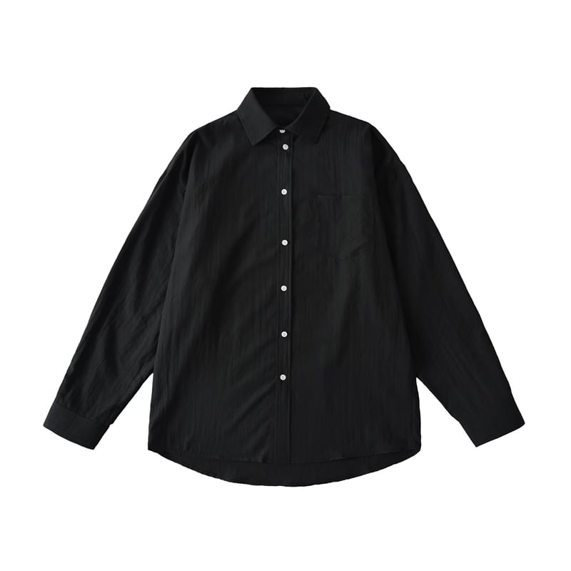 Plain Collared Long-Sleeved Button-Up Shirt