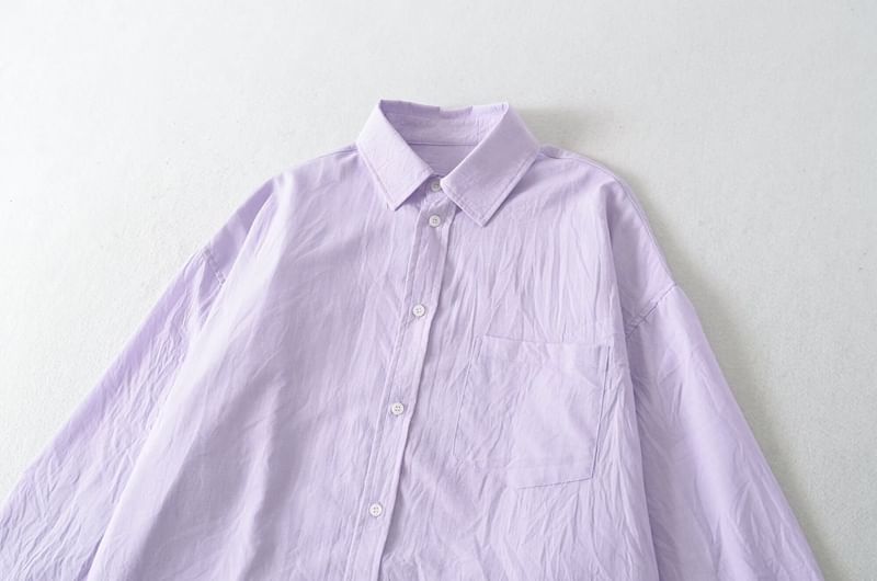 Plain Collared Long-Sleeved Button-Up Shirt