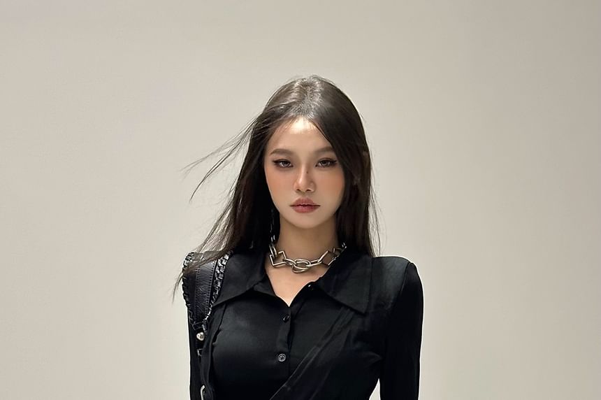 Plain Slim-Fit Mock Two-Piece Long-Sleeved Polo Crop Shirt