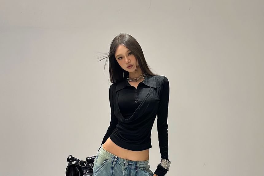 Plain Slim-Fit Mock Two-Piece Long-Sleeved Polo Crop Shirt