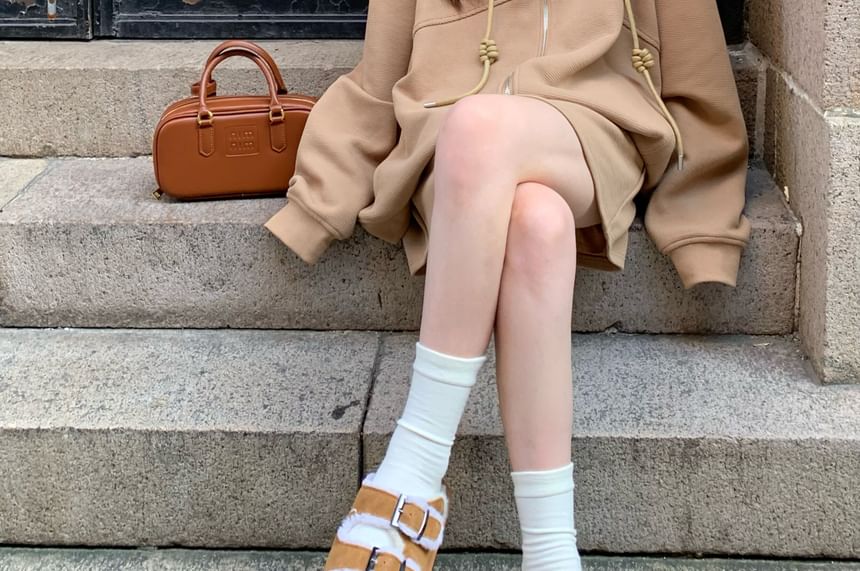Plain Drawstring Zip Hoodie & High-Waist Mini A-Line Skirt