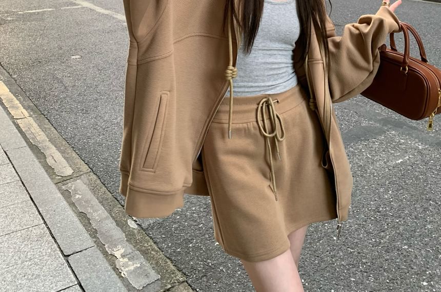 Plain Drawstring Zip Hoodie & High-Waist Mini A-Line Skirt