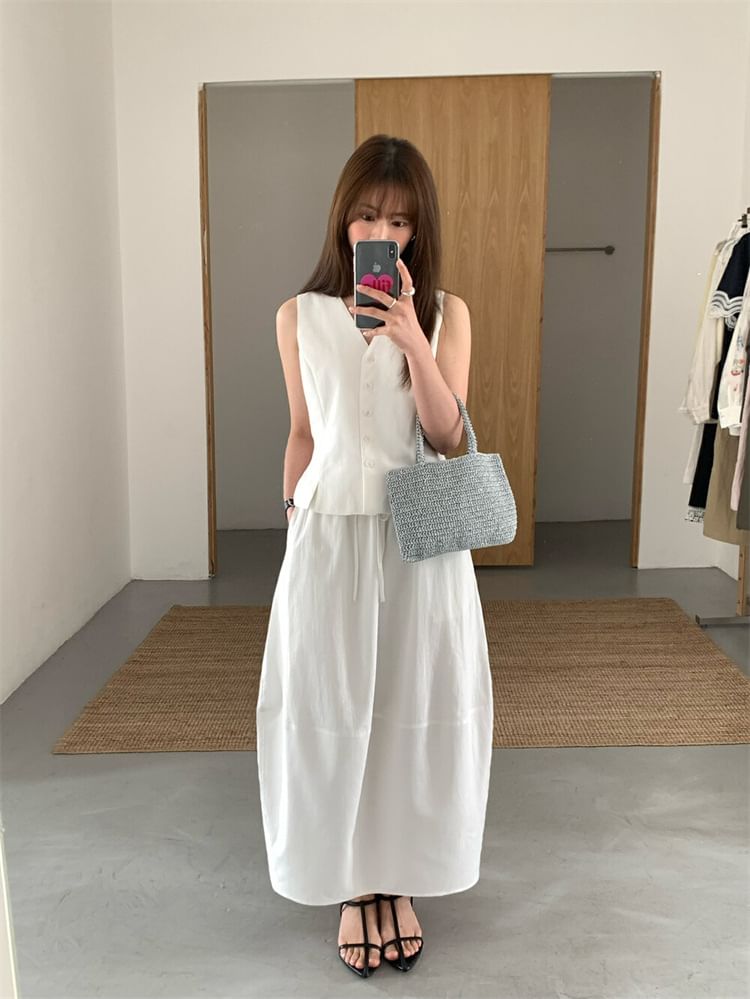 V-Neck Button-Up Vest & Midi A-Line Skirt