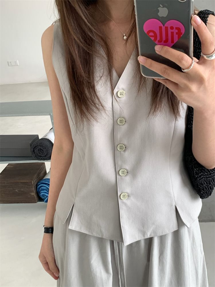 V-Neck Button-Up Vest & Midi A-Line Skirt