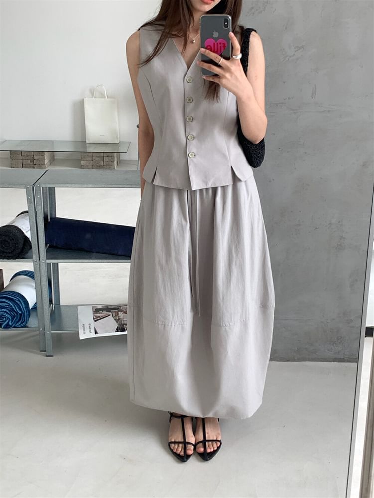 V-Neck Button-Up Vest & Midi A-Line Skirt
