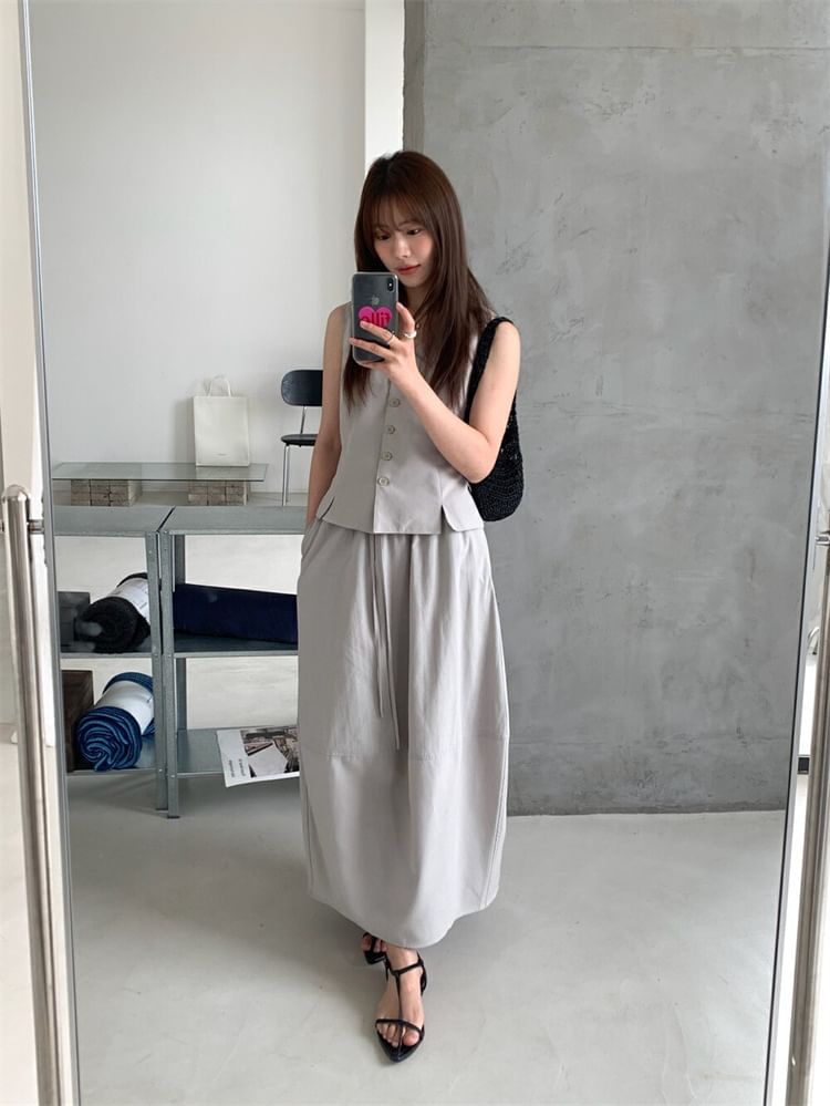 V-Neck Button-Up Vest & Midi A-Line Skirt