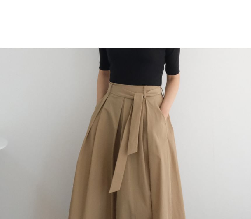 Plain Tie-Side Midi A-Line Skirt - High Rise