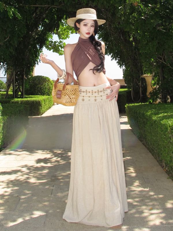 Mock Neck Crop Top & Maxi A-Line Skirt
