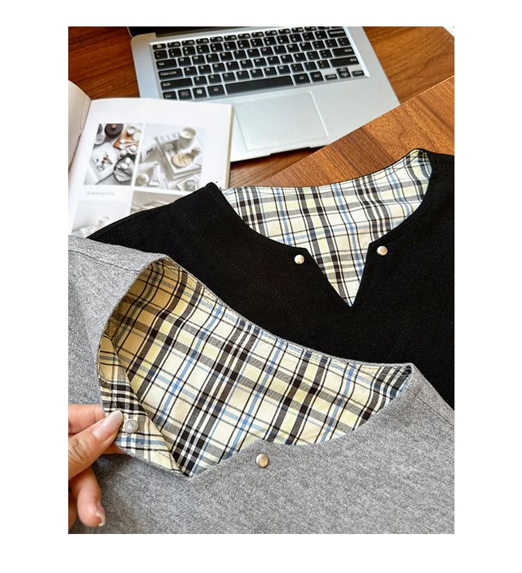 Plaid Panel Notch Neck Mock Two-Piece Long-Sleeved Tee