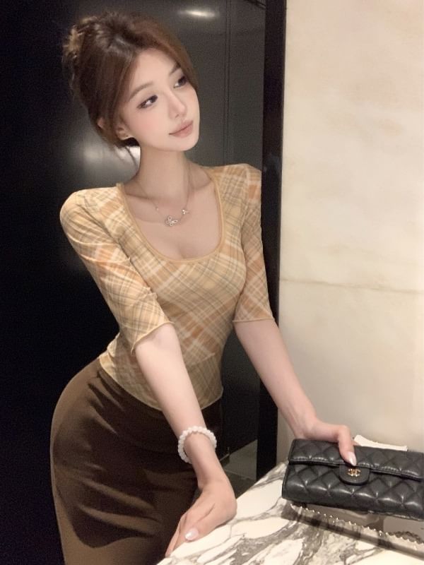 Square Neck Plaid Top & Pencil Skirt