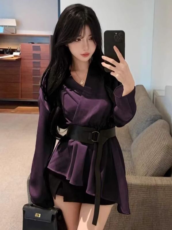 Plain Asymmetric Long-Sleeved Shirt