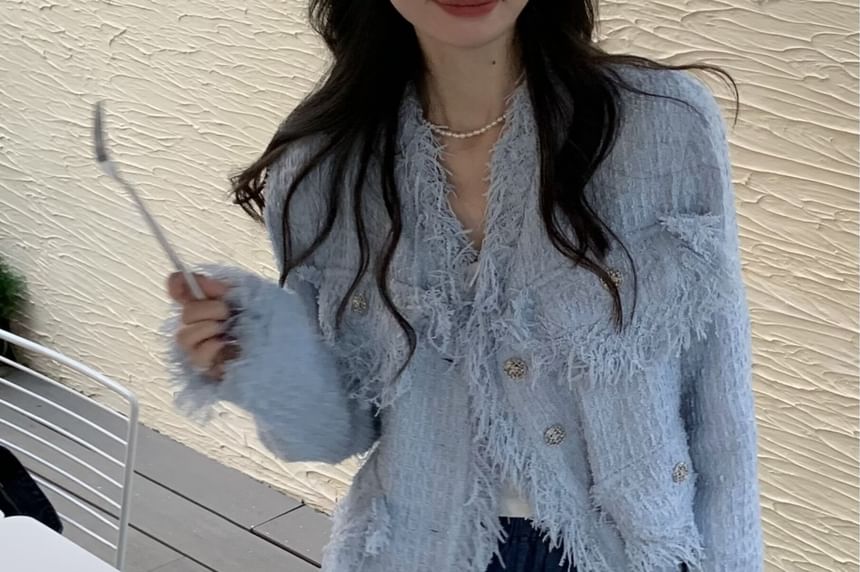 V-Neck Fringed Button-Up Plain Tweed Jacket