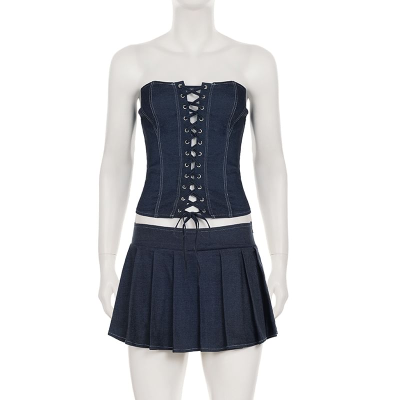 Set: Strapless Denim Lace-Up Tube Top & High-Waist Mini A-Line Skirt