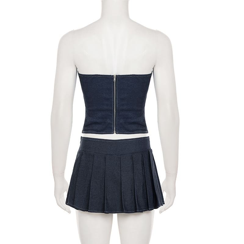 Set: Strapless Denim Lace-Up Tube Top & High-Waist Mini A-Line Skirt