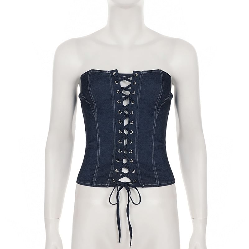 Set: Strapless Denim Lace-Up Tube Top & High-Waist Mini A-Line Skirt