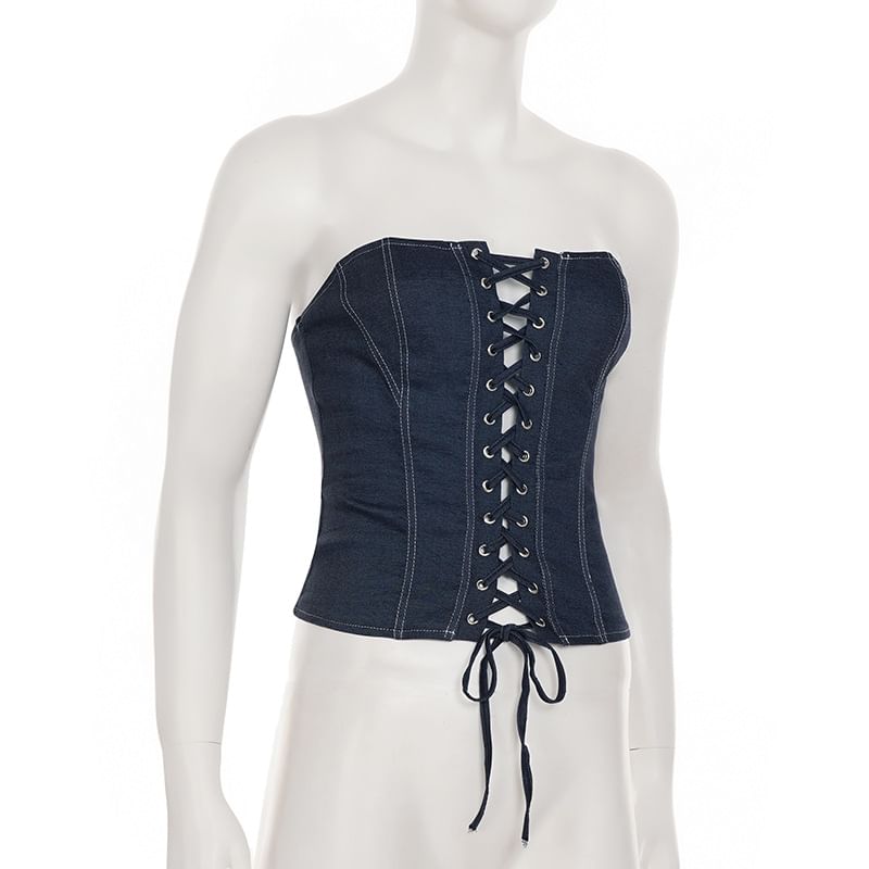 Set: Strapless Denim Lace-Up Tube Top & High-Waist Mini A-Line Skirt