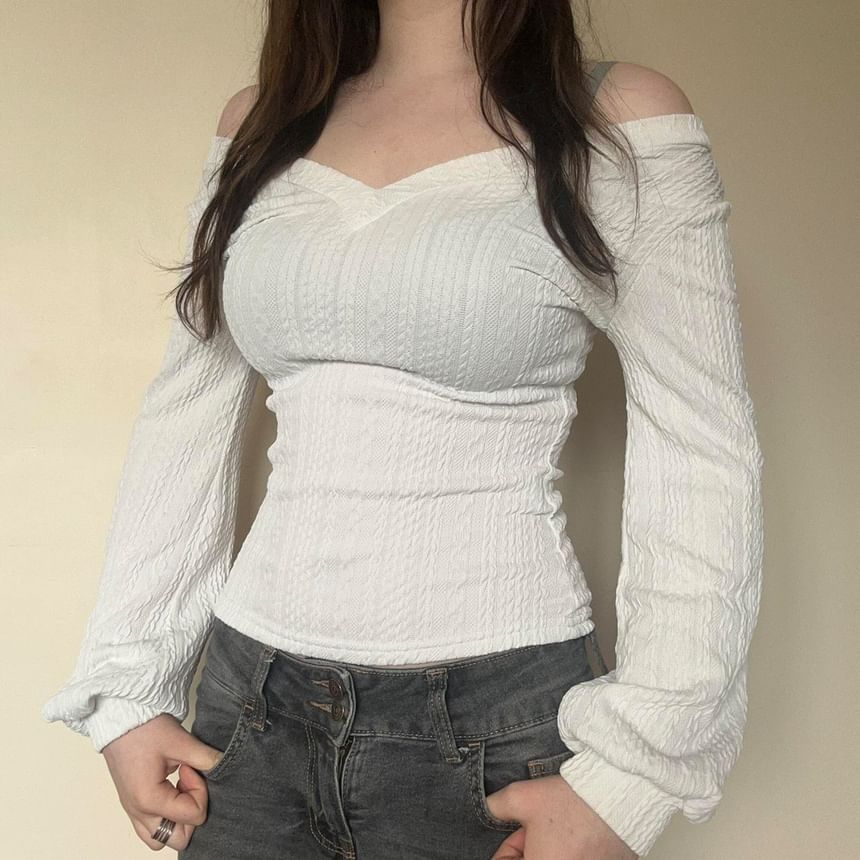 Plain Textured V-Neck Long-Sleeved T-Shirt