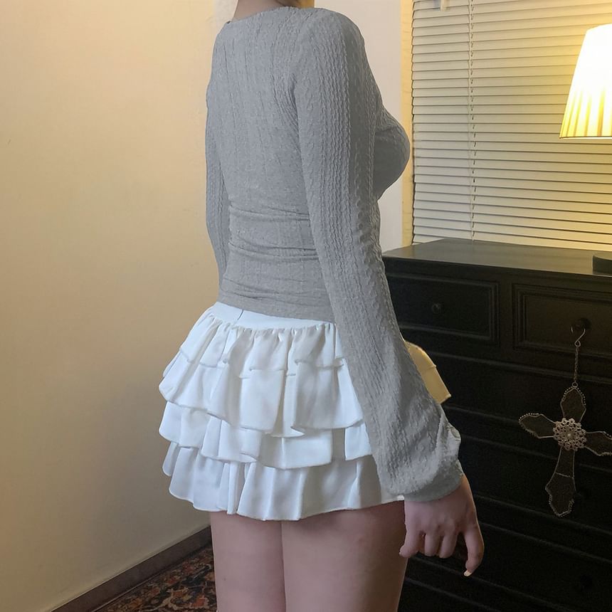 Plain Textured V-Neck Long-Sleeved T-Shirt