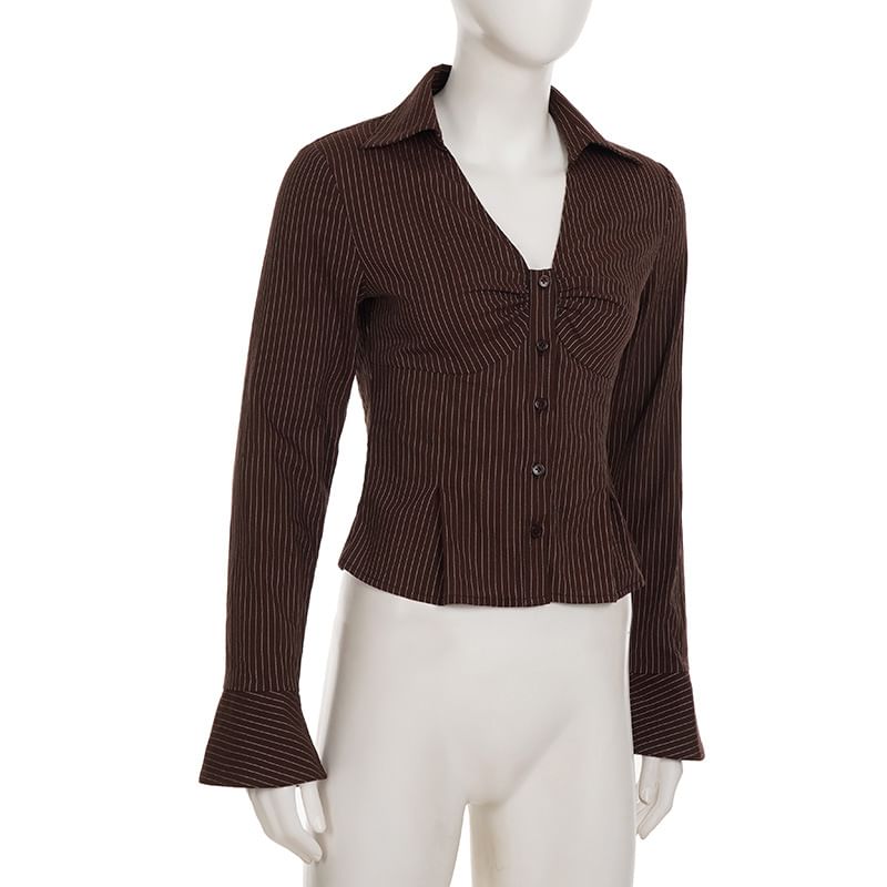 Plain Ruched Collared V-Neck Button-Up Shirt