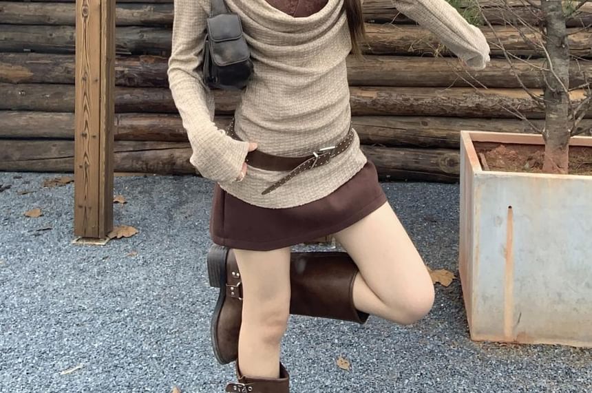 High-Rise Mini A-Line Skirt, Long-Sleeve Cowl Neck Top, V-Neck Lace Crop Tank & Belt Set