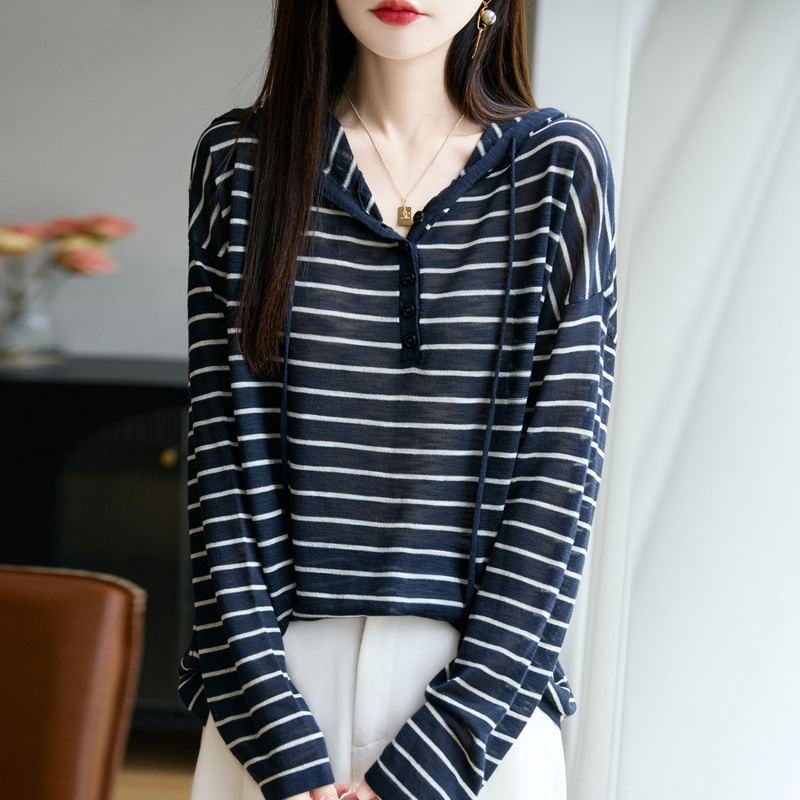 Striped Hooded Henley Long-Sleeved Tee