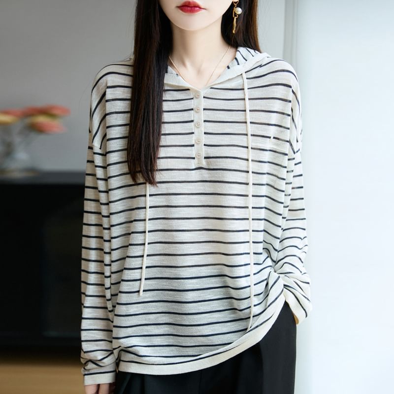 Striped Hooded Henley Long-Sleeved Tee