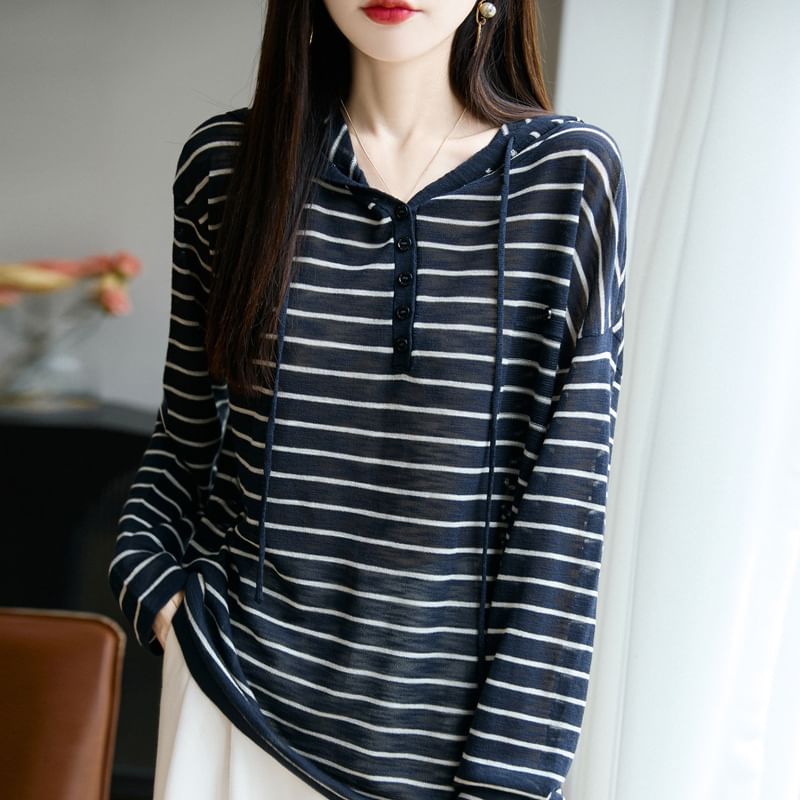 Striped Hooded Henley Long-Sleeved Tee