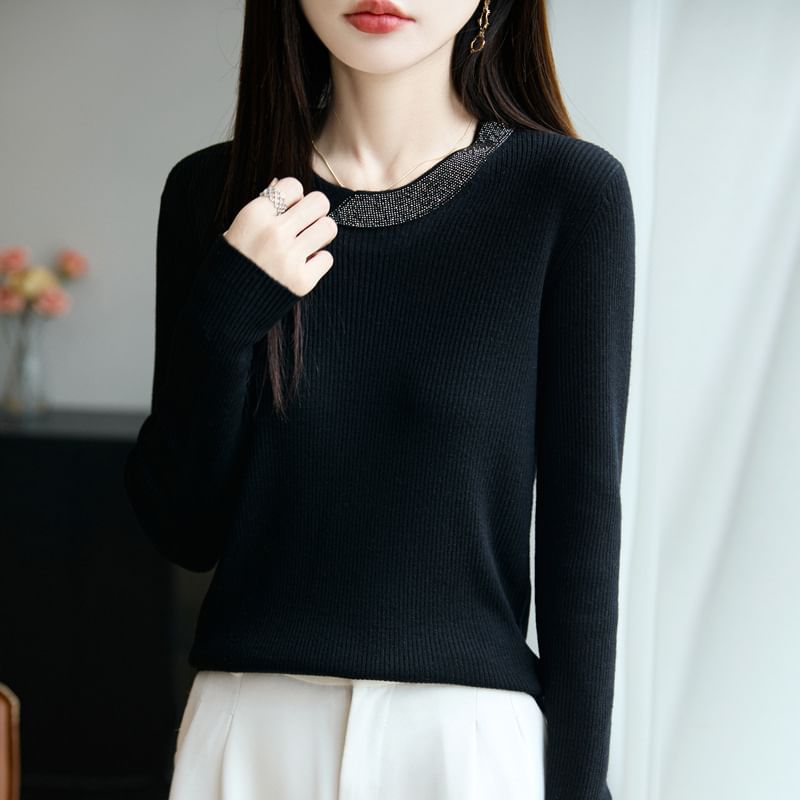 Rhinestone Ribbed Round Neck Long-Sleeved Knit Top