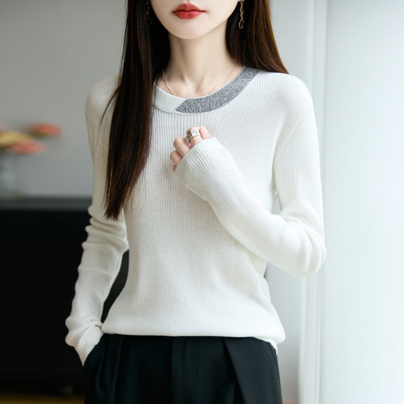 Rhinestone Ribbed Round Neck Long-Sleeved Knit Top
