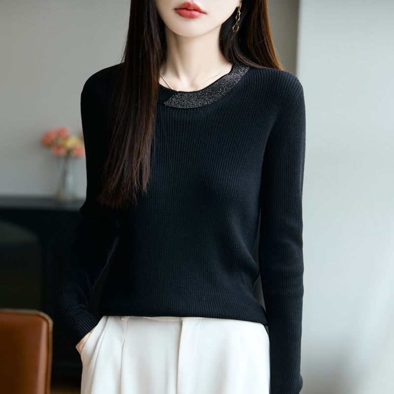 Rhinestone Ribbed Round Neck Long-Sleeved Knit Top