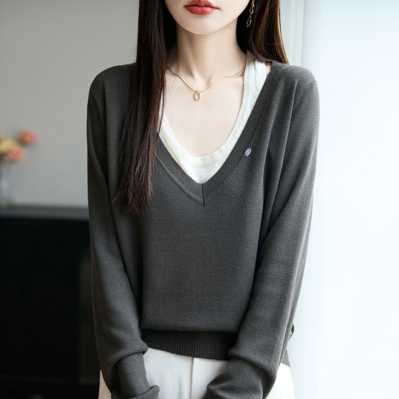 Two-Tone V-Neck Mock Two-Piece Long-Sleeved Sweater