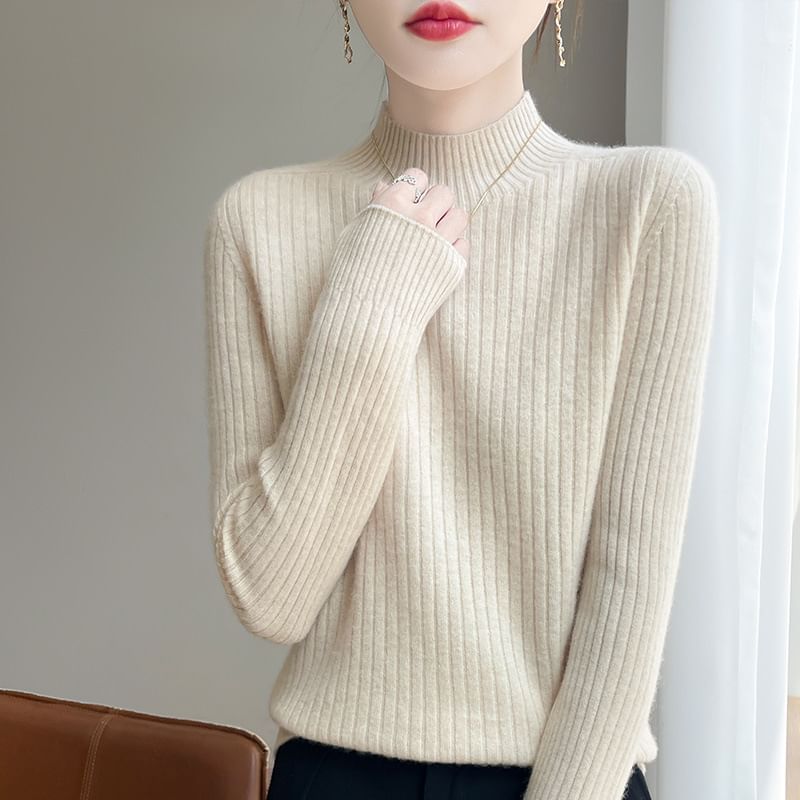 Plain Ribbed High Neck Long-Sleeved Sweater