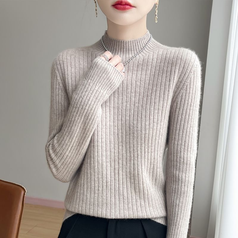Plain Ribbed High Neck Long-Sleeved Sweater