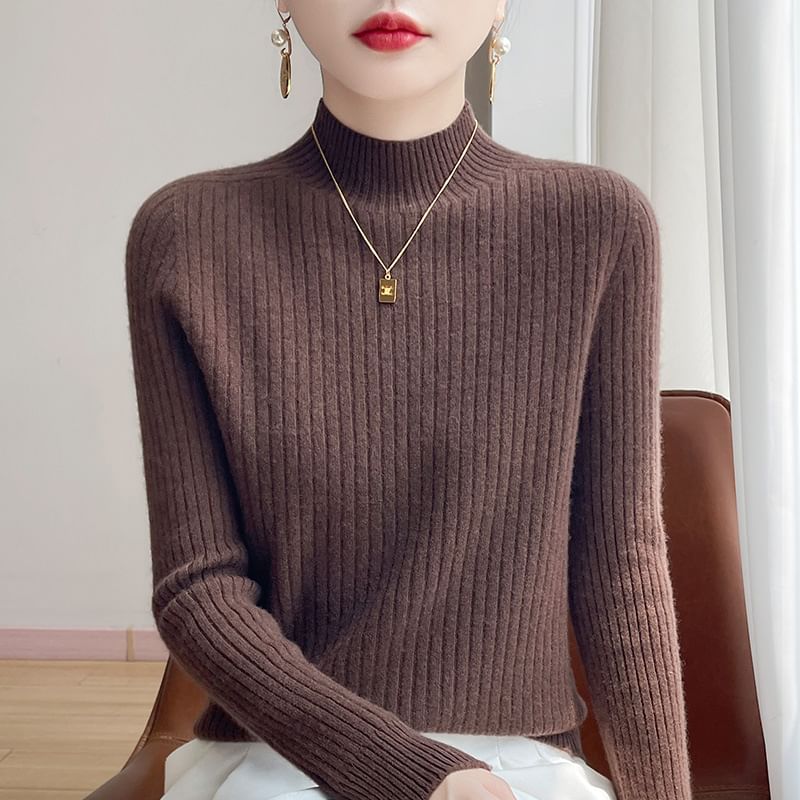 Plain Ribbed High Neck Long-Sleeved Sweater