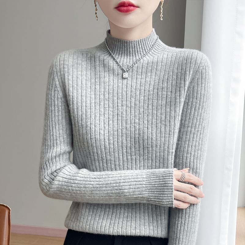 Plain Ribbed High Neck Long-Sleeved Sweater