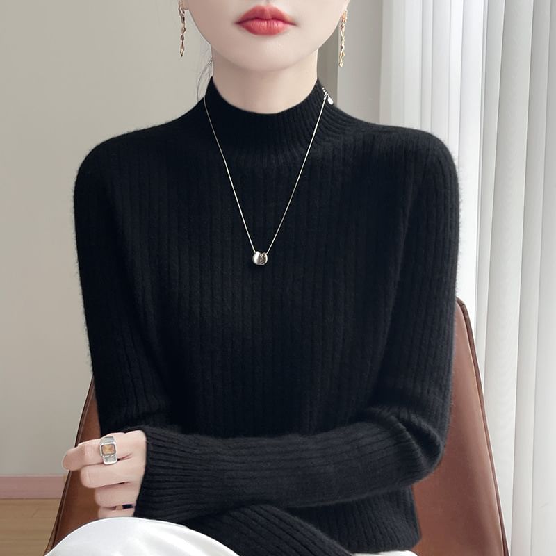 Plain Ribbed High Neck Long-Sleeved Sweater