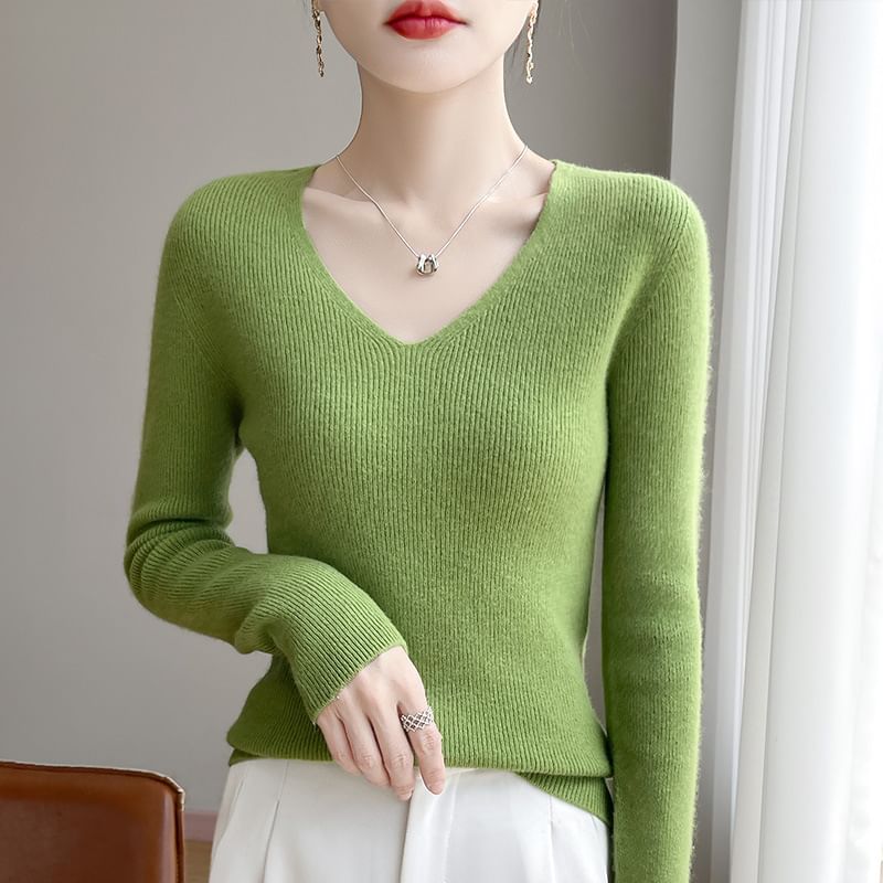 Plain Ribbed V-Neck Long-Sleeved Sweater