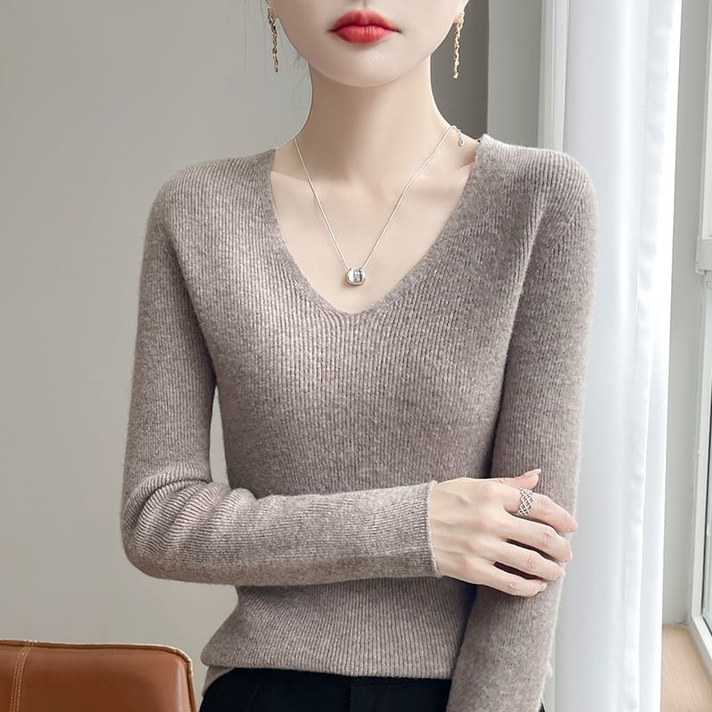Plain Ribbed V-Neck Long-Sleeved Sweater