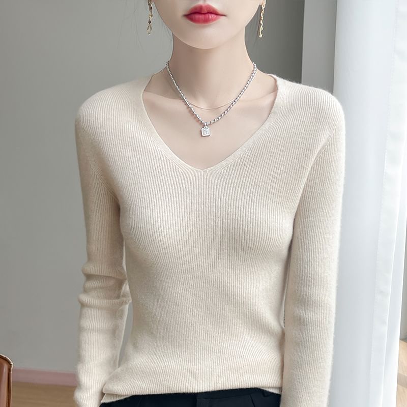 Plain Ribbed V-Neck Long-Sleeved Sweater