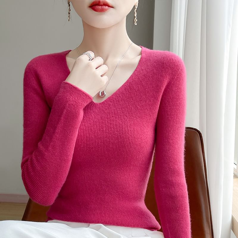 Plain Ribbed V-Neck Long-Sleeved Sweater