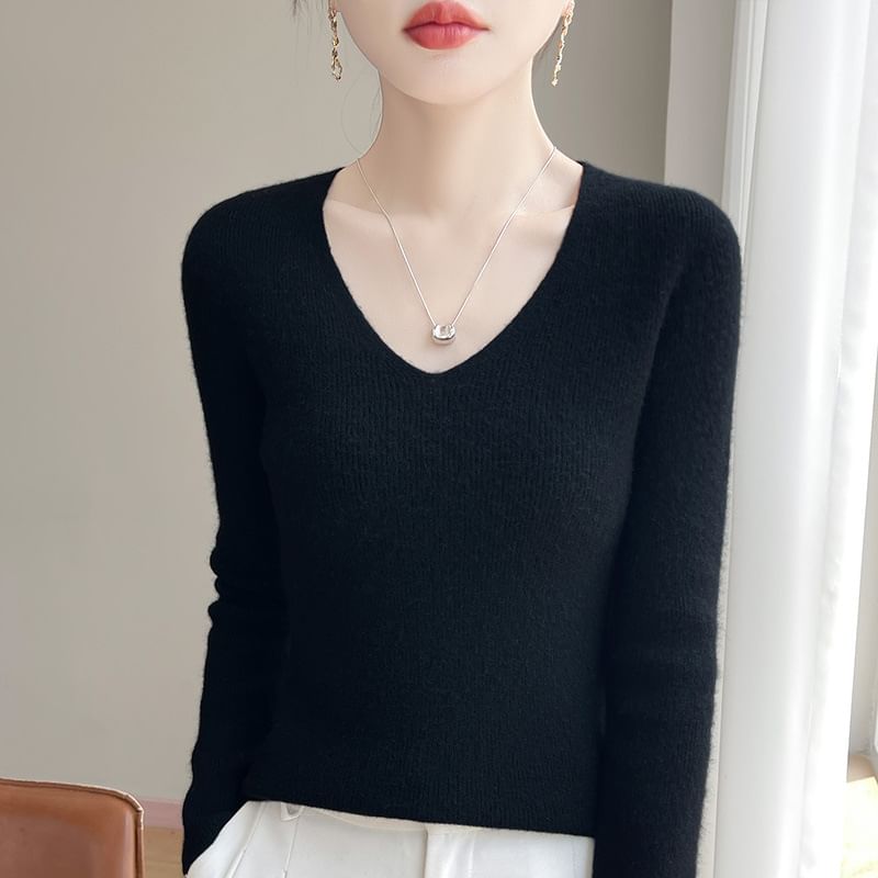 Plain Ribbed V-Neck Long-Sleeved Sweater