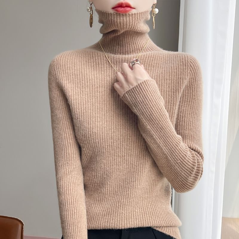 Plain Ribbed High Neck Long-Sleeved Knit Top