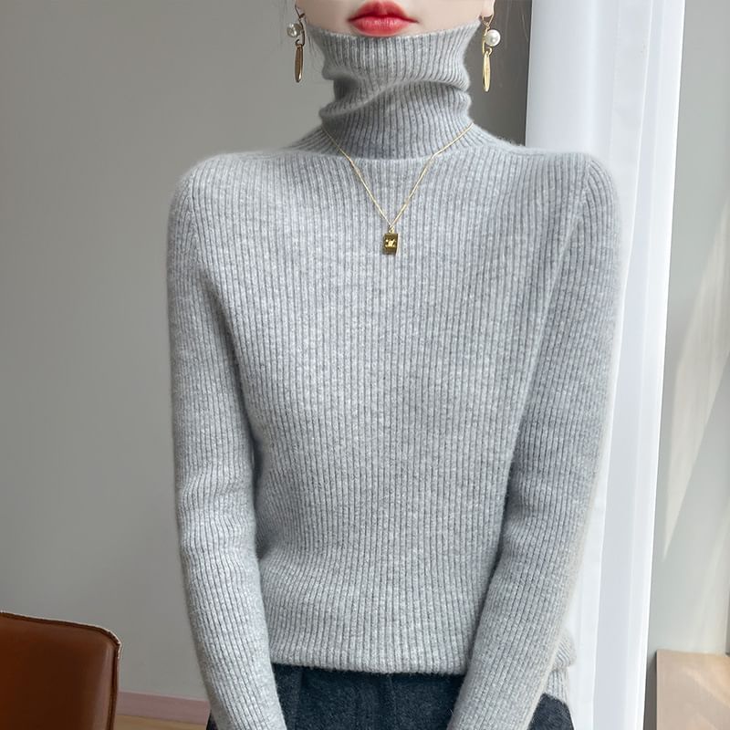 Plain Ribbed High Neck Long-Sleeved Knit Top