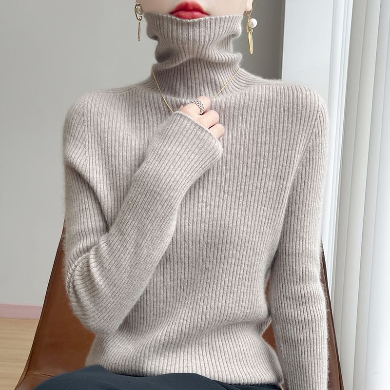 Plain Ribbed High Neck Long-Sleeved Knit Top