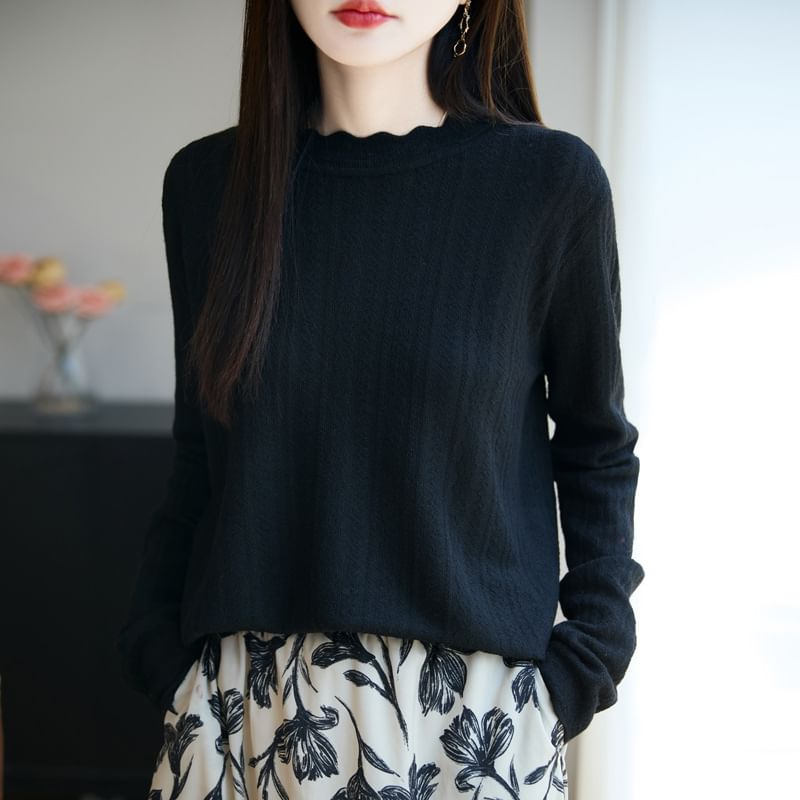 Plain Lace Trim High Neck Long-Sleeved Knit Top