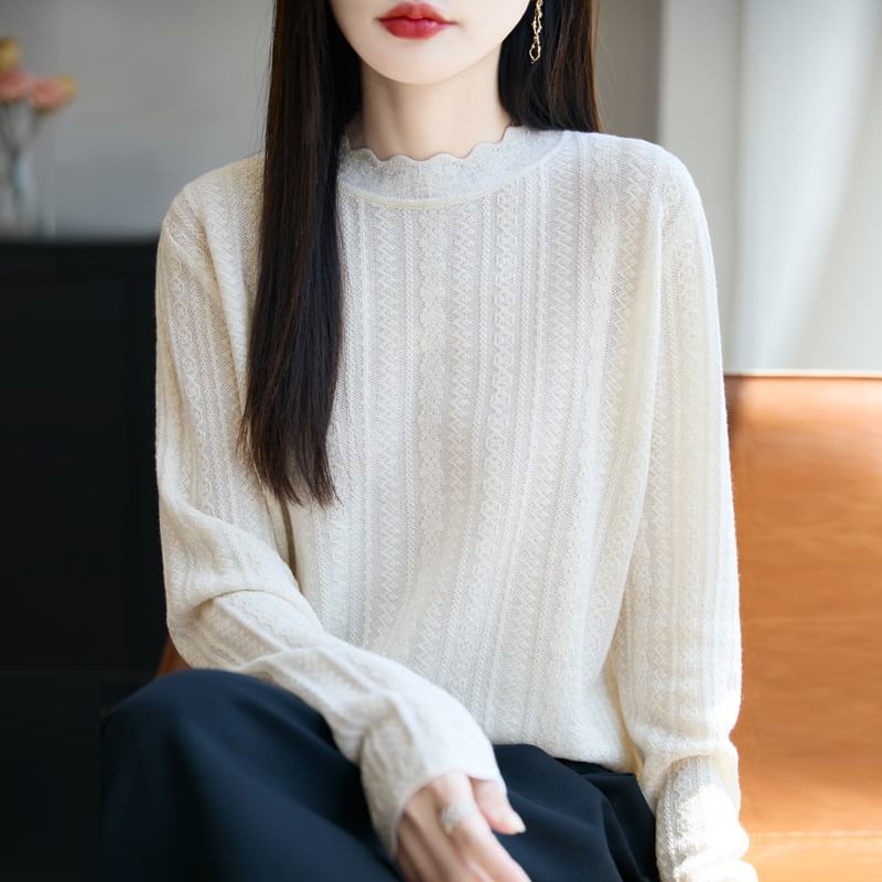 Plain Lace Trim High Neck Long-Sleeved Knit Top