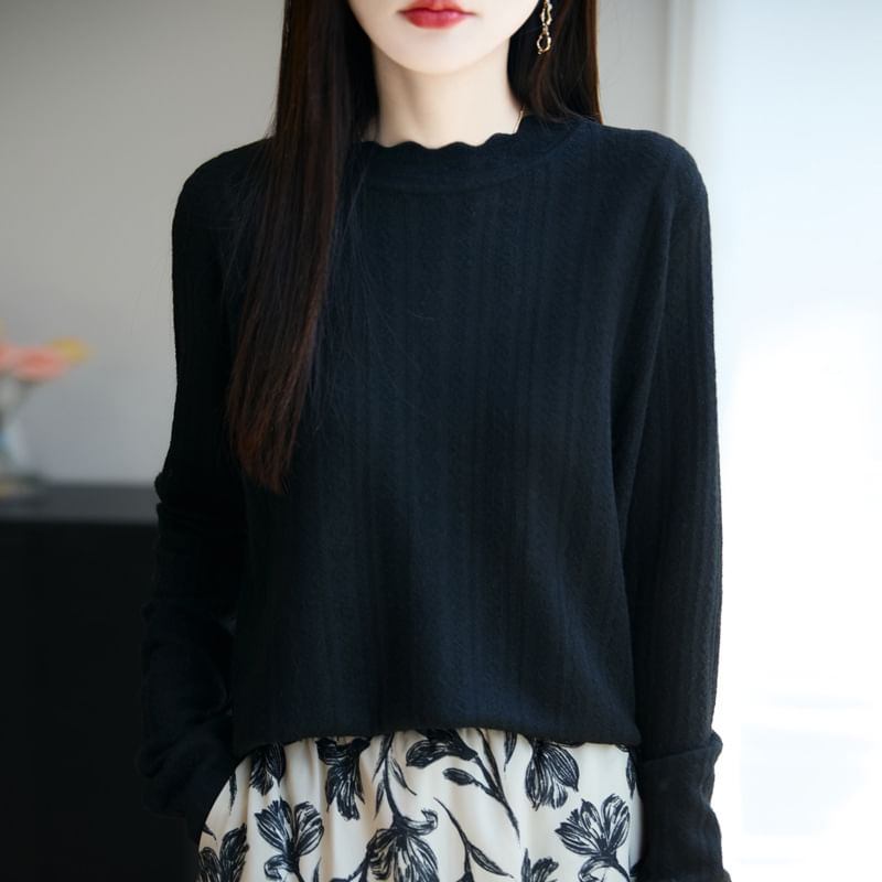 Plain Lace Trim High Neck Long-Sleeved Knit Top