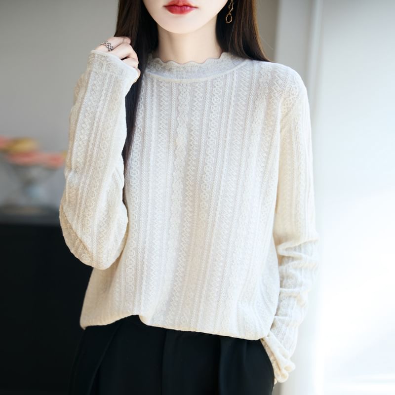 Plain Lace Trim High Neck Long-Sleeved Knit Top