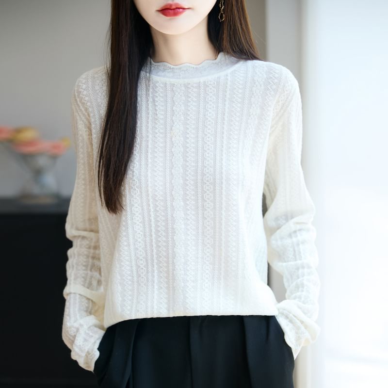 Plain Lace Trim High Neck Long-Sleeved Knit Top